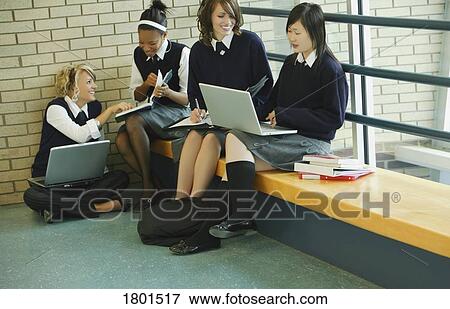 Four female students in uniform working in school hallway View Large Photo Image Stock Photo - Four female students in uniform working in school hallway. Fotosearch