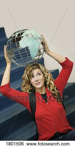 Girl holding globe on her head View Large Photo Image Stock Photograph - Girl holding globe on her head. Fotosearch