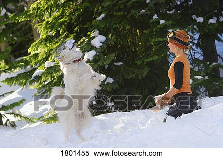 Stock Photography - Girl playing with dog in the snow. Fotosearch