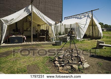 Stock Image - Historical campsite in Fort Edmonton, Alberta. Fotosearch