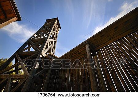 Picture - Low angle view of Fort Edmonton watch tower. Fotosearch