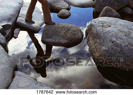 Stock Image - Reflection of a hiker crossing a stream. Fotosearch