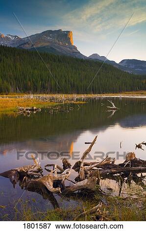 Stock Photo - Roche Miette mountain and lake in Jasper . Fotosearch