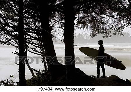 Picture - Silhouette of a surfer looking out to the water. Fotosearch