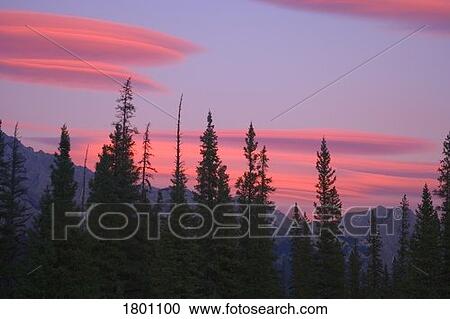 Stock Image - Sunset on forest and mountains. Fotosearch