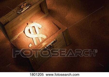 Stock Photography - Treasure chest in sand with dollar sign in it. Fotosearch