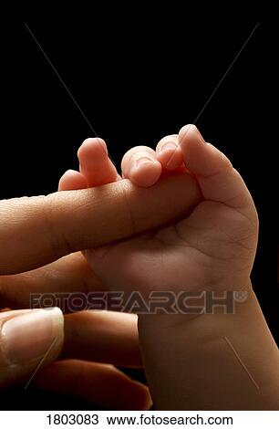 Stock Image - Baby grasping adult finger. Fotosearch