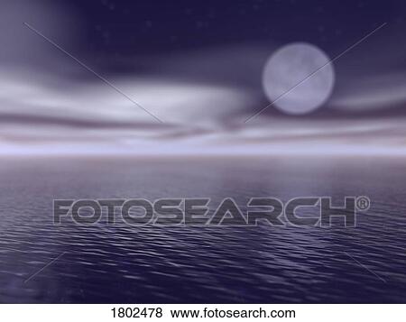 Stock Photo - Cloudy moon over a lake. Fotosearch