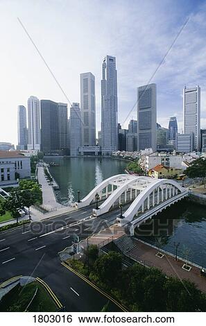 Stock Photograph - Elgin bridge and the Singapore skyline. Fotosearch