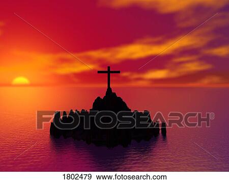 Stock Photo - Sunset on a cross on rocks in the middle of a lake. Fotosearch