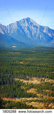 Stock Photo - Train weaving through the valley. Fotosearch