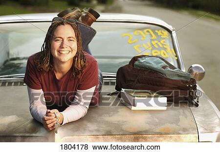 Woman posing on the hood of a retro car View Large Photo Image Stock Photo - Woman posing on the hood of a retro car. Fotosearch