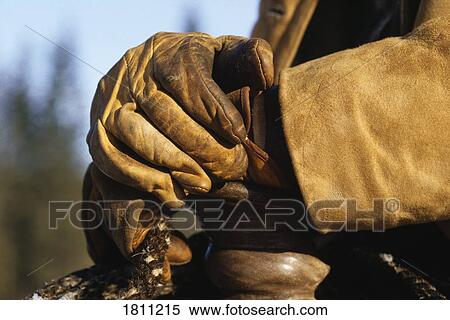 Stock Photography - Closeup of leather gloves on a cowboy. Fotosearch