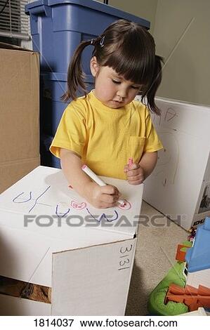 Girl writing on box View Large Photo Image Stock Photo - Girl writing on box. Fotosearch