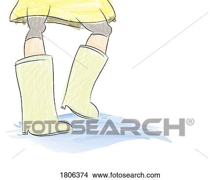 Illustration of person walking with rubber boots in puddles  View Large Photo Image Picture - Illustration of person walking with rubber boots in puddles . Fotosearch