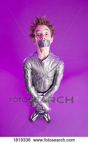 Stock Photograph - Boy bound by duct tape. Fotosearch