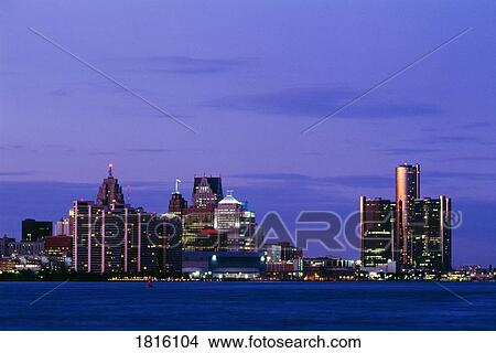 Detroit skyline at night in USA View Large Photo Image Picture - Detroit skyline at night in USA . Fotosearch