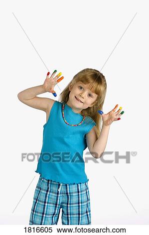 Girl with paint on her fingers View Large Photo Image Stock Photography - Girl with paint on her fingers. Fotosearch