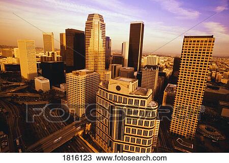 Stock Image - High angle view of downtown Los Angeles, California, USA. Fotosearch