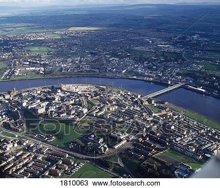 Stock Image - Aerial View of Derry City including the Foyle Bridge, Co Derry, Ireland. Fotosearch