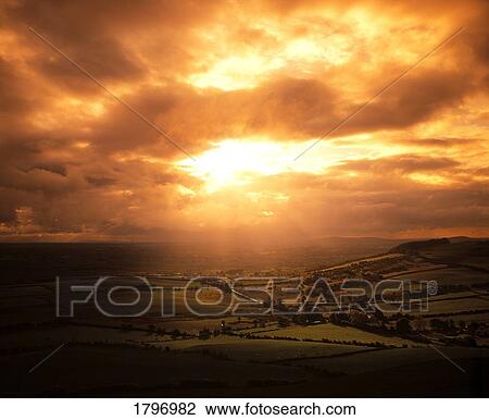 Stock Image - Farmscape at sunset, Loughcrew, Co Meath, Ireland. Fotosearch