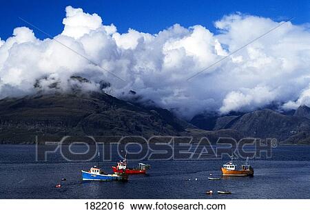 Fishing boats, Cuillins, Isle of Sky, Scotland View Large Photo Image Stock Photograph - Fishing boats, Cuillins, Isle of Sky, Scotland. Fotosearch