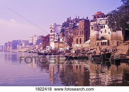 Stock Photo - Ghats on the bank of the Ganges river, Varanasi, India. Fotosearch