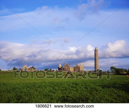 Stock Image - Kilmacduagh near Gort, County Galway. Fotosearch