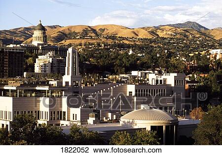 Stock Image - Mormon buildings, Wasatch Mountain Range, Utah, USA. Fotosearch
