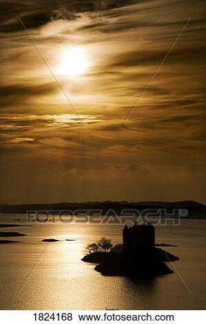 Castle Stalker at sunset, Scotland View Large Photo Image Stock Photo - Castle Stalker at sunset, Scotland. Fotosearch