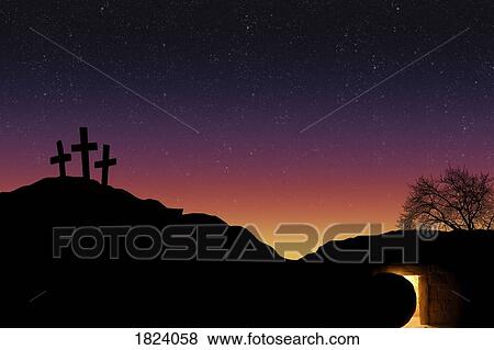 Empty tomb and three crosses View Large Photo Image Stock Photo - Empty tomb and three crosses. Fotosearch
