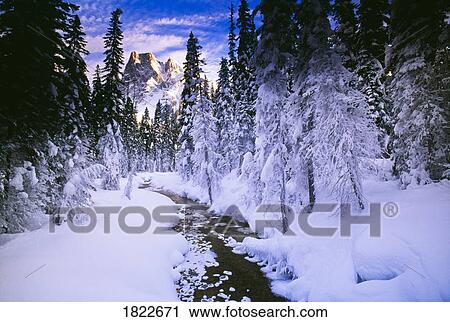 Stock Image - Stream and mountain in winter, Yoho National Park, British Columbia, Canada. Fotosearch