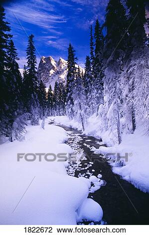 Stock Image - Stream and mountain in winter, Yoho National Park, British Columbia, Canada. Fotosearch