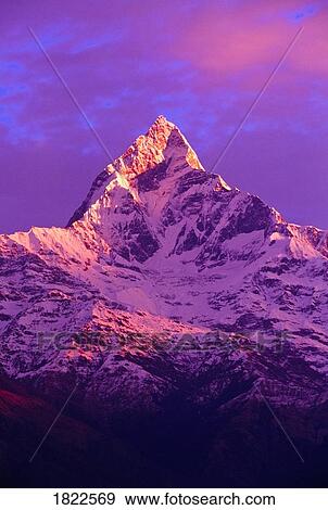 Stock Photo - View of Machhapuchhare at sunrise from Sarangkot, Annapurna region, Nepal. Fotosearch