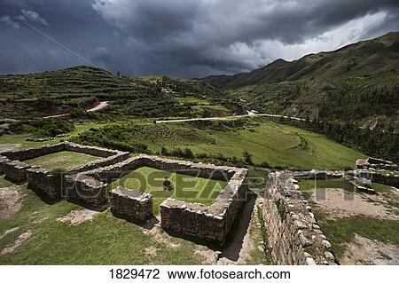Stock Image - A person meditates in ancient Incan ruins outside Cuzco, Peru. Fotosearch