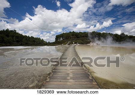 Stock Photo - Bridge at geothermal site, Wai-O-Tapu Thermal Wonderland on North Island of New Zealand. Fotosearch