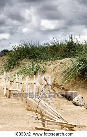 Stock Image - Broken fence in dune, South Shields, Tyne and Wear, England, Europe. Fotosearch