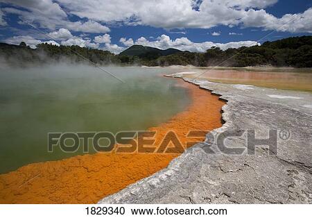 Stock Image - Champagne Pool at geothermal site, Wai-O-Tapu Thermal Wonderland on North Island of New Zealand. Fotosearch