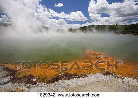 Stock Image - Champagne Pool at geothermal site, Wai-O-Tapu Thermal Wonderland on North Island of New Zealand. Fotosearch