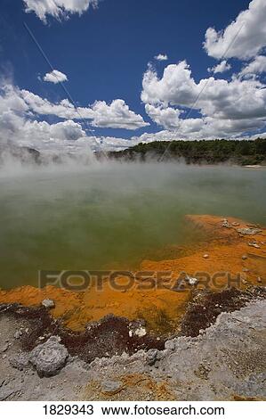 Stock Image - Champagne Pool at geothermal site, Wai-O-Tapu Thermal Wonderland on North Island of New Zealand. Fotosearch