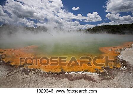 Champagne Pool at geothermal site, Wai-O-Tapu Thermal Wonderland on North Island of New Zealand View Large Photo Image Stock Photograph - Champagne Pool at geothermal site, Wai-O-Tapu Thermal Wonderland on North Island of New Zealand. Fotosearch