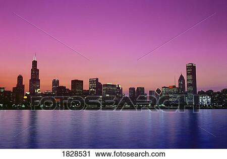 Chicago skyline at dusk, Illinois, USA View Large Photo Image Stock Image - Chicago skyline at dusk, Illinois, USA. Fotosearch