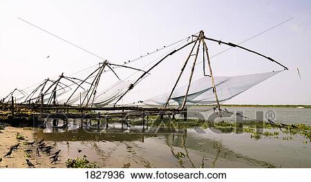 Stock Photograph - Chinese fishing nets, Cochin, India . Fotosearch