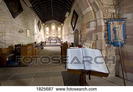 Stock Photo - Church with open Bible, Holy Island, Bewick, England. Fotosearch