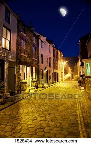 Picture - City street at night, Staithes, Yorkshire, England. Fotosearch