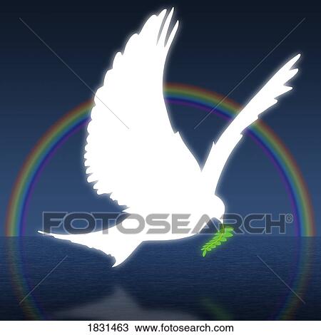 Stock Image - Dove holding an olive branch with rainbow in background. Fotosearch