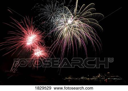 Stock Photo - Fireworks Display, Canada Day, Inner Harbour, Victoria, British Columbia, Canada. Fotosearch