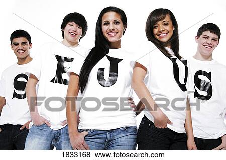 Stock Photo - Five teenagers with t-shirts spelling Jesus. Fotosearch