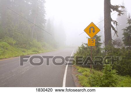 Stock Image - Foggy road, Mount Rainier National Park, Washington, USA. Fotosearch