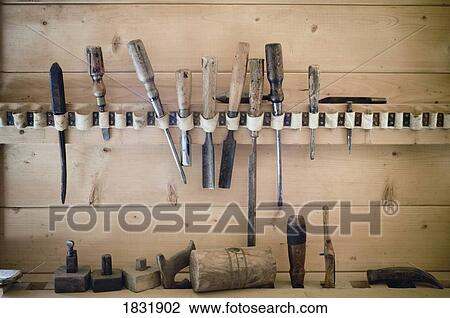 Stock Image - Fort Edmonton, Alberta, Canada, antique woodworking tools. Fotosearch